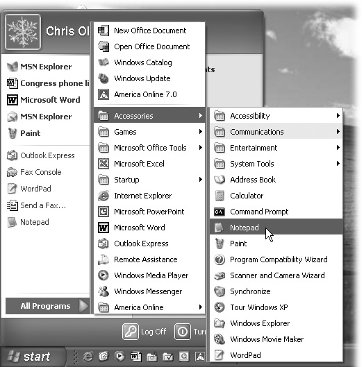 In this book, arrow notations help to simplify folder and menu instructions. For example, “Choose Start → All Programs → Accessories → Notepad” is a more compact way of saying, “Click the Start button. When the Start menu opens, click All Programs; without clicking, now slide to the right onto the Accessories submenu; in that submenu, click Notepad,” as shown here.