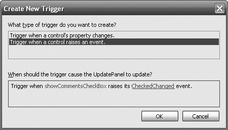 Configuring a trigger for a conditionally rendered UpdatePanel