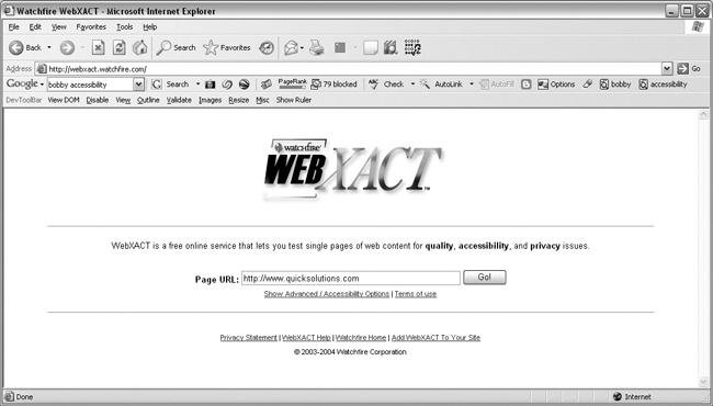 The WebXACT validation interface