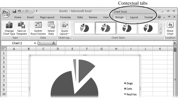 Excel doesnât bother to show these three tabs unless youâre working on a chart, because itâs frustrating to look at a bunch of buttons you canât use. This sort of tab, which appears only when needed, is called a contextual tab.