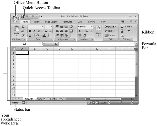 The largest part of the Excel window is the worksheet grid where you type in your information.