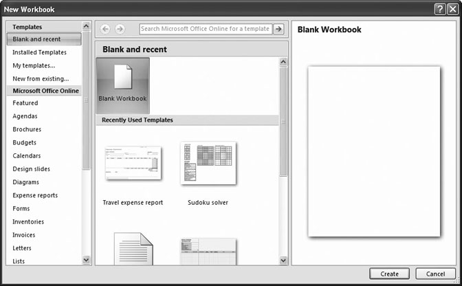 The New Workbook window lets you create a new, blank workbook or a ready-made workbook from a template. For now, choose Blank Workbook (in the windowâs middle section), and then click an empty canvas. Youâll learn about using (and making) templates in Chapter 16.
