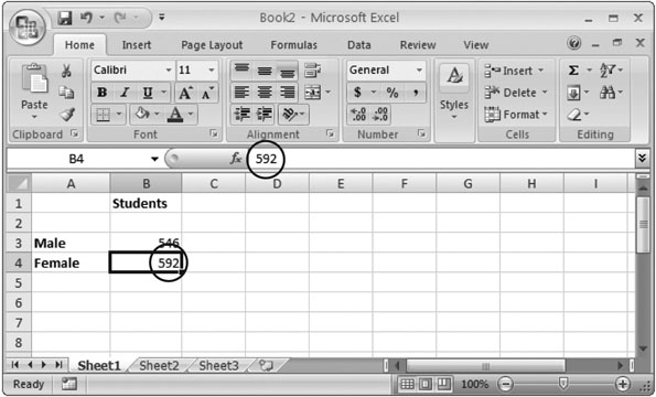 The formula bar (just above the grid) shows information about the active cell. In this example, the formula bar shows that the current cell is B4 and that it contains the number 592. Instead of editing this value in the worksheet, you can click anywhere in the formula bar and make your changes there.