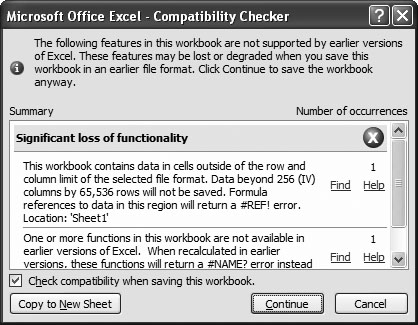 When you save a spreadsheet in Excel 97-2003 format, the Compatibility Checker shows a list of problems that will affect users of Excel 2003, and the number of times each problem occurs. See the box in Section 1.4.2.2 for how the Compatibility Checker deals with even older versions of Excel.