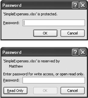 Top: You can give a spreadsheet two layers of protection: assign a âpassword to openâ and youâll see this window when you open the file.Bottom: If you assign a âpassword to modify,â youâll see the choices in this window. If you use both passwords, youâll see both windows, one after the other.