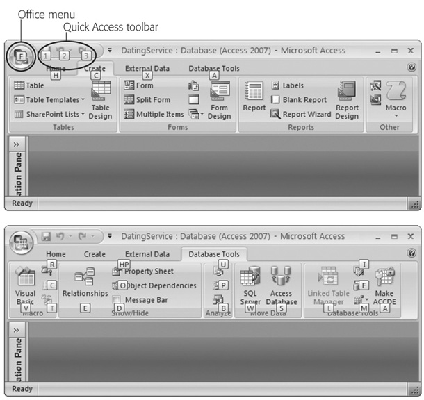 Top: When you press Alt, Access pins KeyTips next to every tab, over the Office menu, and over the buttons in the Quick Access toolbar (more about the Office menu and the Quick Access toolbar in a moment).Bottom: If you follow up with A (for the Database Tools tab), youâll see letters next to every command in that tab. Now you can hit another key to run a command (for example, W moves your data to SQL Server). Donât bother trying to match letters with tab or button namesâthe ribbonâs got so many features packed into it that in many cases, the letters donât mean anything at all.