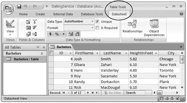 When youâre designing a table, a new contextual tab appears, named Datasheet, under the heading Table Tools. Contextual tabs always appear on the ribbonâs right side.