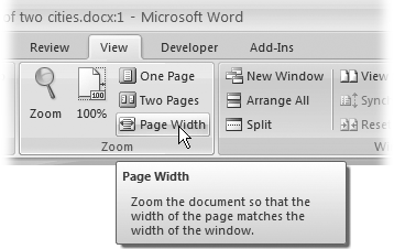 In this book, arrow notations help to simplify Wordâs ribbon structure and commands. For example, âChoose View â Zoom â Page Widthâ is a more compact way of saying: âClick the View tab, and then go to the Zoom group and click Page Width,â as shown here.