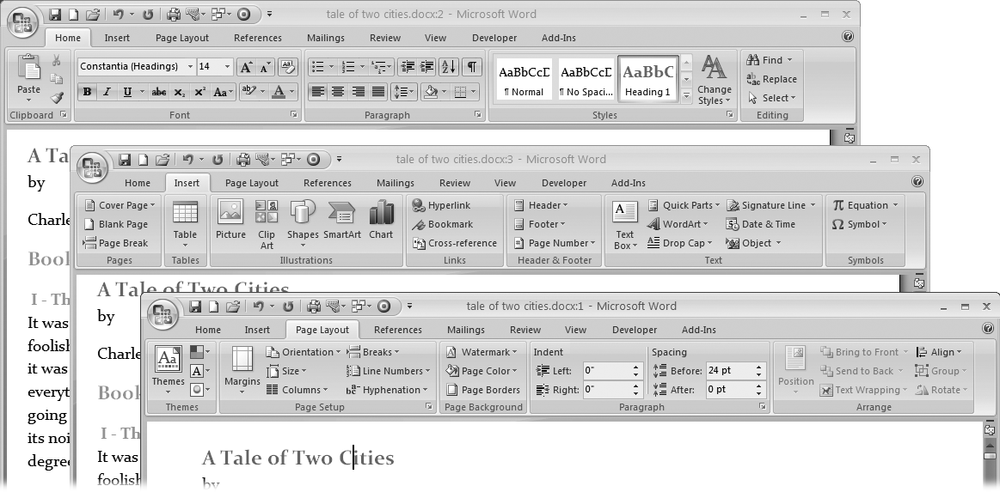The tools on the ribbon change when you click different tabs. From top to bottom, these examples show the Home tab, the Insert tab, and the Page Layout tab.