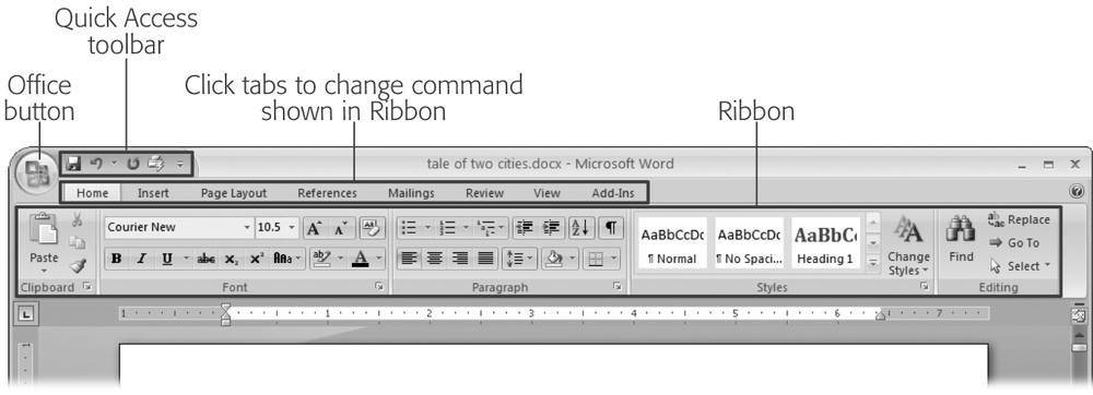 When you start Word 2007 for the first time, it may look a little top-heavy. The ribbon takes up more real estate than the old menus and toolbars. This change may not matter if you have a nice big monitor. But if you want to reclaim some of that space, you can hide the ribbon by double-clicking the active tab. Later, when you need to see the ribbon commands, just click a tab