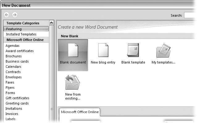 Open the New Document box (Office button â New, or Alt+F, N), and Word gives you several ways to create a new document. Click âBlank documentâ to open an empty document, similar to the one Word shows when you first start the program. Or you can click âNew from existingâ to open a document that you previously created under a new name.