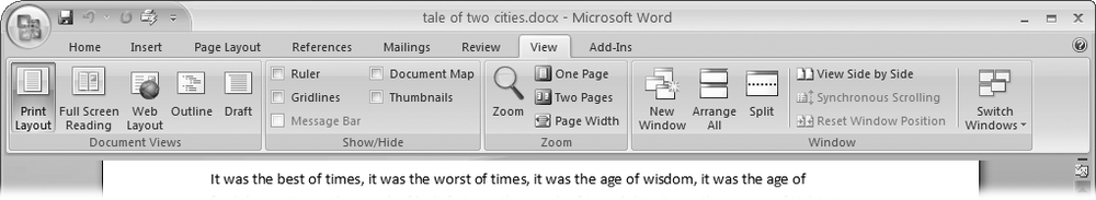 The View tab is your document-viewing control center. Look closely, and you see itâs divided into four groups with names at the bottom of the ribbon: Document Views, Show/Hide, Zoom, and Window. To apply a view command, just click the button or label.