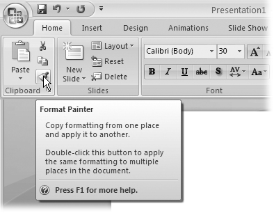 The screen tip help in PowerPoint 2007 shows you expanded descriptions, outlines the scenarios in which using the command or menu can be useful and lists keyboard shortcuts (if any). For even more information, press F1 to display PowerPoint's help window with a help article describing the option in blow-by-blow detail.