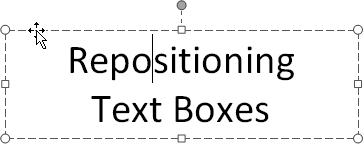 When you click in a text box, the text box outline appears dashed. When you click the outline itselfâwhich you need to do to reposition the text boxâthe outline changes from dashed to solid. If you're having trouble finding the right spot to click, look for the double-headed arrow cursor. When you see it, you know you're in the right spot to drag.