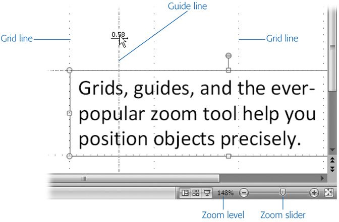 The grid helps when you're positioning text boxes; guides are more useful when you're lining up a bunch of objects. Clicking the zoom tool blows up your slide (here, to a whopping 148%) so you can position objects more precisely.