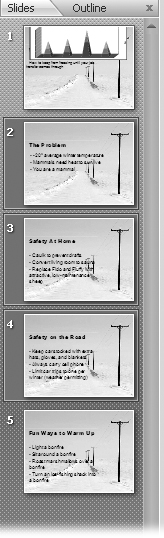 If you don't see the Slides pane on the left side of your PowerPoint window, youâor someone else who has access to your computerâmay have turned it off. In that case, head down to the Status bar and click Normal (or select View â Presentation Views â Normal). If your Slides pane doesn't look similar to this one, make sure the Slides tab is selected.
