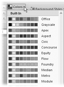 The color schemes you see listed in the gallery depend both on the theme you apply to your presentation. (The scroll bar indicates there are a few more color schemes to choose from.)