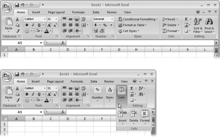 Top: A large Excel window gives you plenty of room to play. The ribbon uses the space effectively, making the most important buttons bigger.Bottom: When you shrink the Excel window, the ribbon rearranges its buttons and makes some smaller (by shrinking the buttonâs icon or leaving out the title). Shrink small enough, and you might run out of space for a section altogether. In that case, you get a single button (like the Number, Styles, and Cells sections in this example) for an entire section. Click this button and the missing commands appear in a drop-down panel.