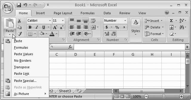 Excel gives you several options for pasting text from the clipboard. Click the top part of the Paste button to perform a plain-vanilla paste (with all the standard settings), or click the bottom part to see the menu of choices shown here.