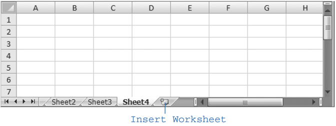 Every time you click the Insert Worksheet button, Excel inserts a new worksheet after your existing worksheets and assigns it a new name. For example, if you start with the standard Sheet1, Sheet2, and Sheet3 and click the Insert Worksheet button, then Excel adds a new worksheet namedâyou guessed itâSheet4.