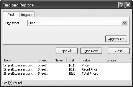 In the example shown here, the search for Price matched three cells in the worksheet. The list shows you the complete text in the matching cell and the cell reference (for example, $C$1, which is a reference to cell C1).