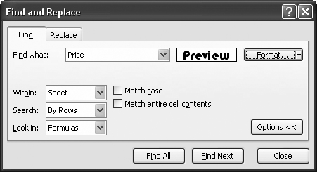 The Find Format dialog box shows a basic preview of your formatting choices. In this example, the search will find cells containing the word Price that also use white lettering, a black background, and the Bauhaus font.