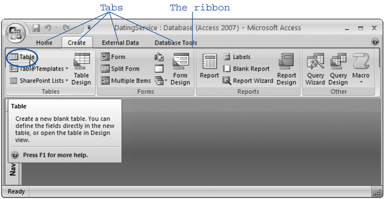 The ribbon's full of craftsman-like detail. When you hover over a button, you don't see a paltry two- or three-word description in a yellow box. Instead, you see a friendly pop-up box with a complete mini-description. Here, the mouse is hovering over the Table command.