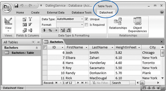 When you're designing a form, a new contextual tab appears, named Datasheet, under the heading Table Tools. Contextual tabs always appear on the ribbon's right side.
