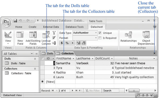 Using the navigation pane, you can open as many tables at once as you want. Access gives each datasheet a separate tabbed window. To move from one window to another, you just click the corresponding tab. If you're feeling a bit crowded, just click the X at the far right of the tab strip to close the current datasheet.