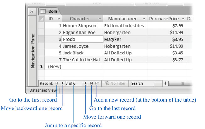 You could easily overlook the navigation buttons at the bottom of the datasheet. These buttons let you jump to the beginning and end of the table, or, more interestingly, head straight to a record at a specific position. To do this, type the record number (like "4") into the box (where it says "3 of 6" in this example), and then hit Enter. Of course, this trick works only if you have an approximate idea of where in the list your record's positioned.
