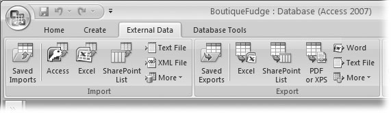 The External Data tab's Import section lets you pipe data into Access using a variety of formats. The Export section does the reverseâit takes your table, and exports it in a bunch of different flavors.