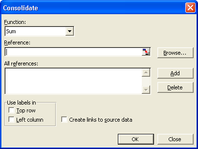The default function in the Consolidate dialog box is Sum.