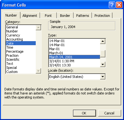 Use the Number tab of the Format Cells dialog box to apply date and time formats to cells.