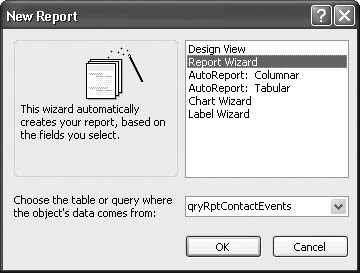 The report wizard options in the New Report dialog box.