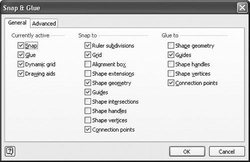 Choose Tools, Snap & Glue to control the glue settings that Visio uses when you connect shapes.