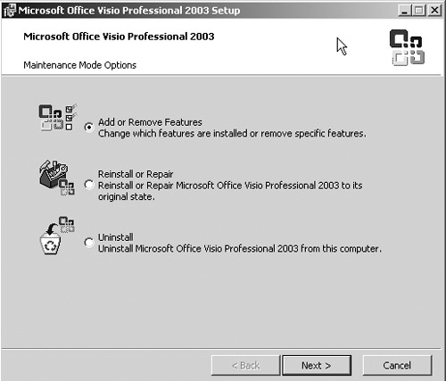 You can run the Visio Setup program whenever you want to add, remove, or rein-stall features or remove Visio from your computer.