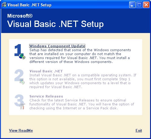 This menu presents the main options for installing Visual Basic .NET.