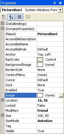 This version of the Properties window shows the settings Windows Form Designer can initialize for a PictureBox control.