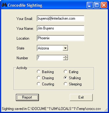 This form accepts reports of crocodile sightings and appends each report to a file.