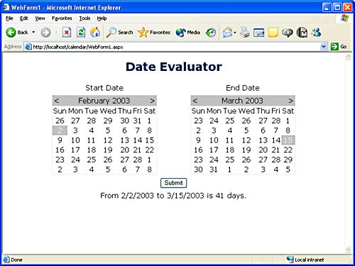This ASP.NET Web application calculates the difference between two dates. The calendar displays are Calendar Web server controls.