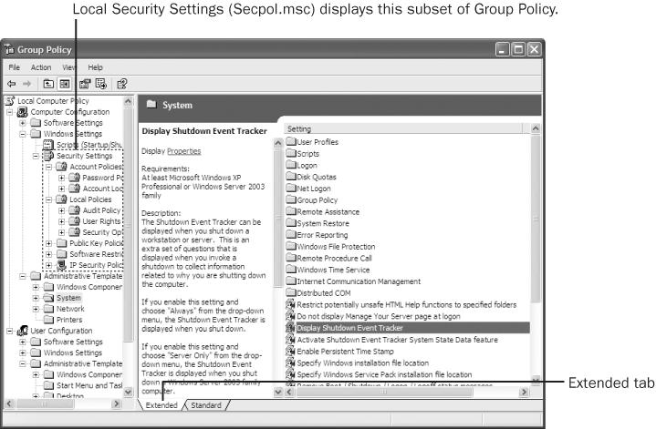 Group Policy in Windows XP includes an Extended tab, which displays a description of any policy you select in the Administrative Templates folders.