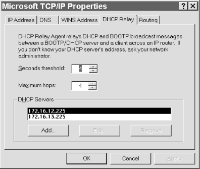 The DHCP Relay page of the Microsoft TCP/IP Properties dialog
