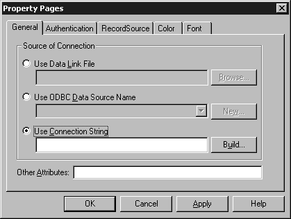 The General tab of the ADO Data Control Property Pages