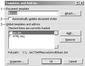 Managing global templates and the template attached to a document