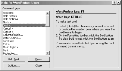 Getting help with WordPerfect commands