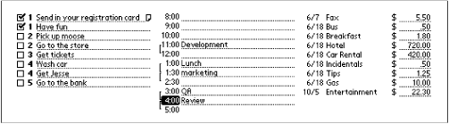Sample tables from the built-in applications; the first item in the To Do list has a note icon associated with it