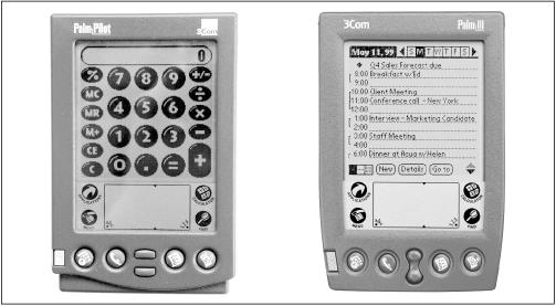 The Palm III (right) has a slightly sleeker shape than its predecessor, the PalmPilot (left).