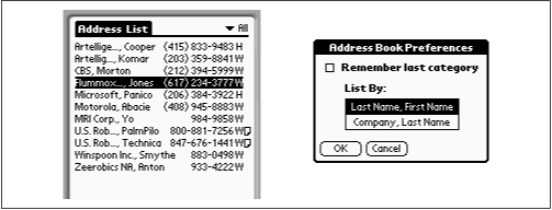 To switch between a last-name sorting order and a company-name sort (as shown at left), use the Preferences dialog box (right).