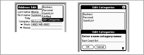 To edit the category list, use the pop-up menu in the top right of the Address Book, Memo Pad, or To Do program (left). In the Edit Categories box, tap New to create a new category label (right).