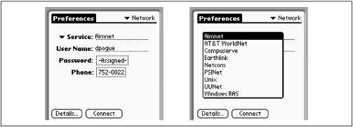 The Network Preferences screen lets you inform your PalmPilot about your choice of ISP.